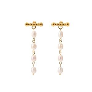 ◾️18k Gold Plated Twist Bar Hanging Freshwater Pearl Stud Earrings